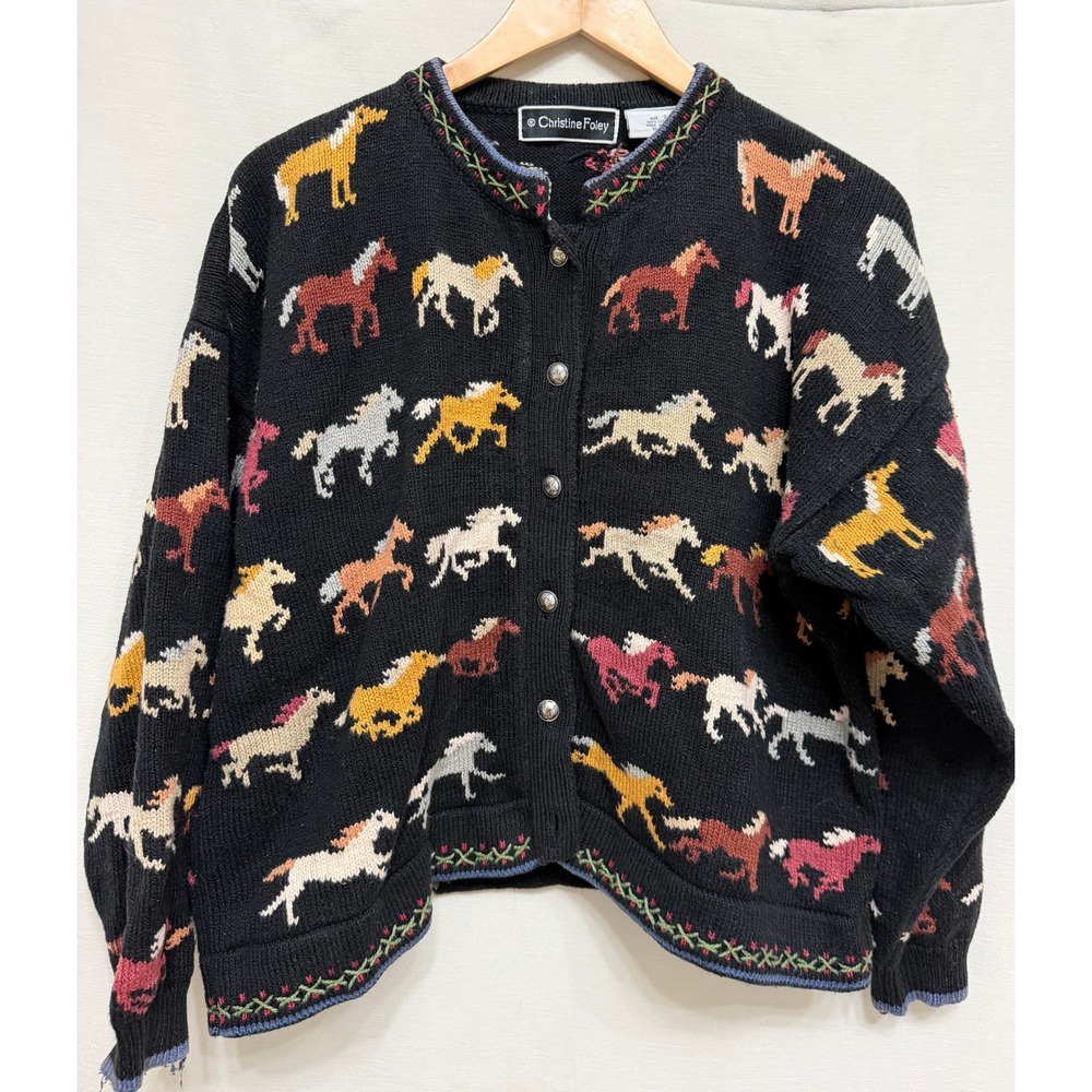 Christine Foley Vintage Horse Knit Cardigan Black Earth Tones Size 2
